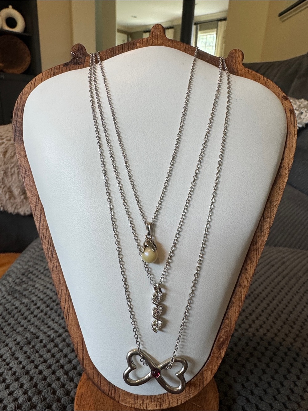 Threee dainty  Silver-Tone Women's Necklaces with Pearl and Heart Pendant
